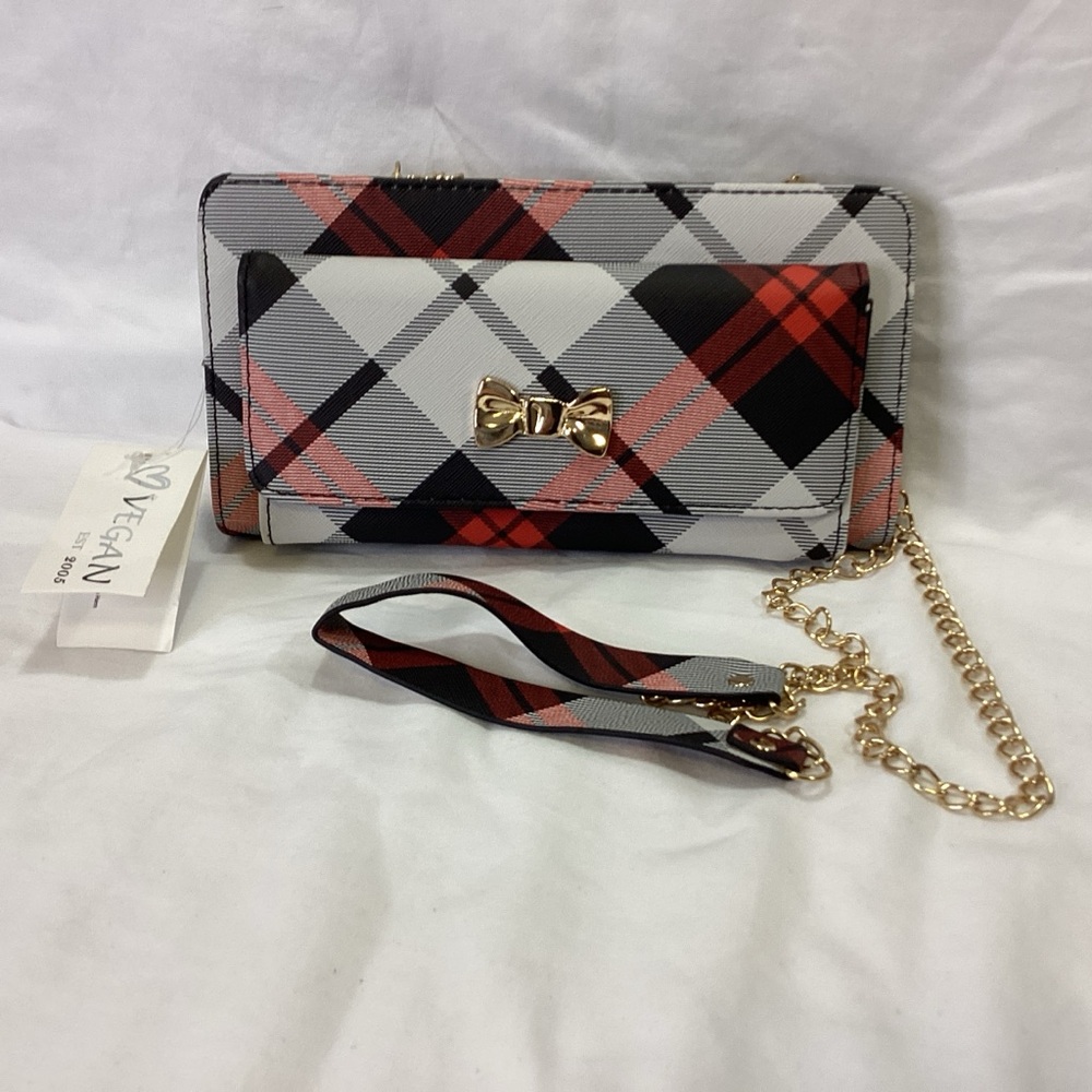 NWT VEGAN Plaid Bow Accent Crossbody Wallet Wristlet Clutch - Red, Black & White